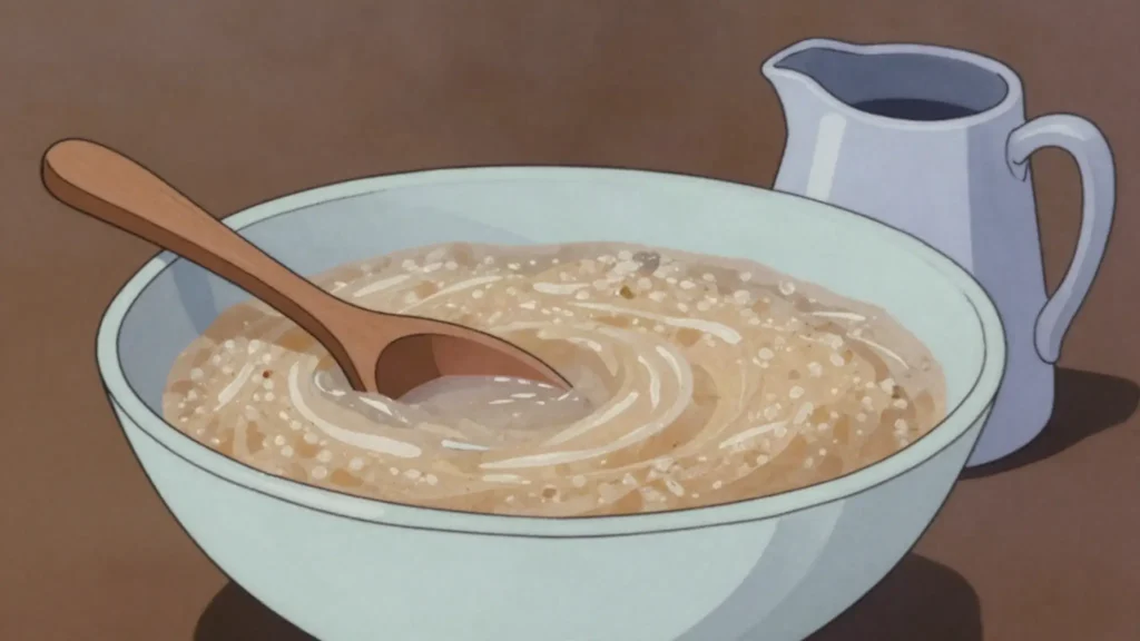 Lesheleshele, thin sorghum porridge cooked loose and drunk warm from a bowl, Lesotho breakfast, anime style