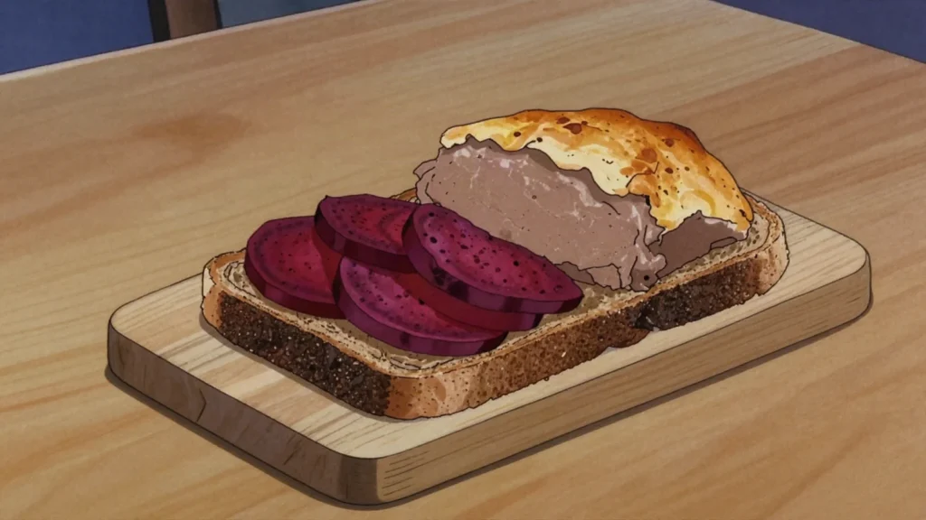 Leverpostej, warm liver pâté spread on rye, topped with pickled beet, Denmark charcuterie & cured, anime style
