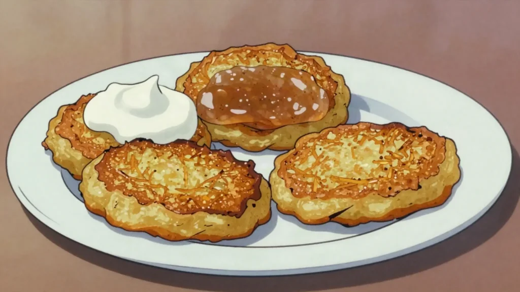 Levivot, fried grated potato pancakes eaten with sour cream or apple sauce, Israel snack, anime style