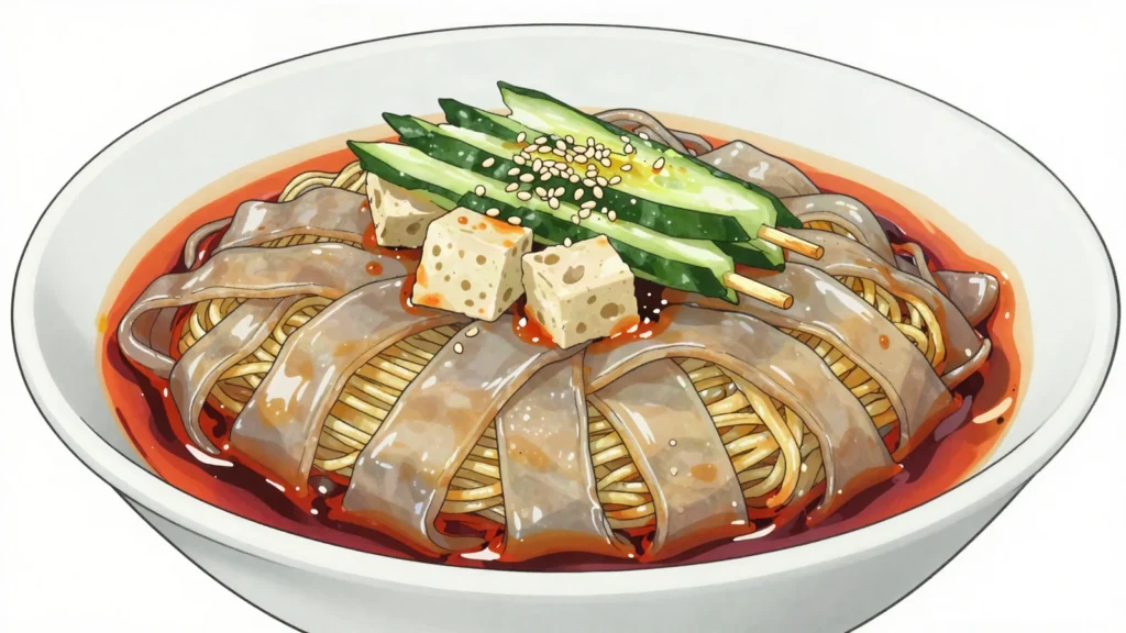 Liangpi, cold wheat-starch noodles dressed with chilli oil, vinegar and garlic water, China street food, anime style