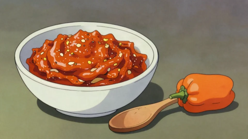 Liberian pepper sauce, habanero pounded with onion, oil and seasoning, set on every, Liberia sauce & condiment, anime style