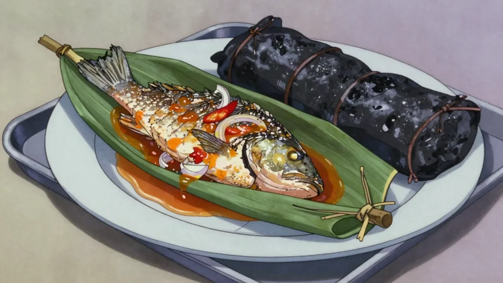 Liboke, fish or meat in chili-spiced banana-leaf parcels, grilled or steamed, DR Congo main, anime style