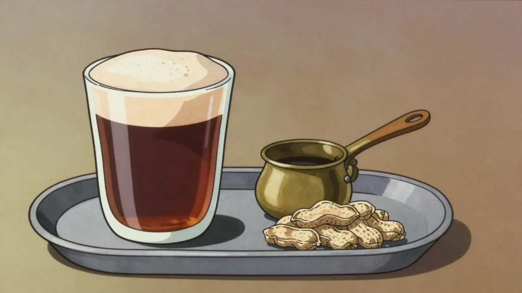 Libyan tea, syrupy black tea boiled to a foam; third round with roasted peanuts, Libya drink, anime style