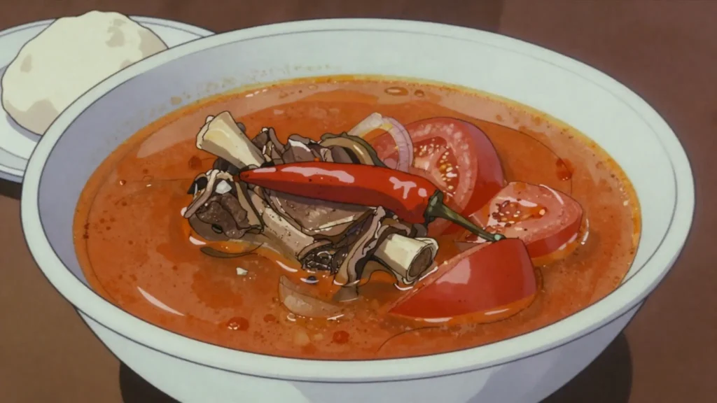 Light soup, spicy clear tomato broth with goat, chicken or fish, Ghana soup & stew, anime style