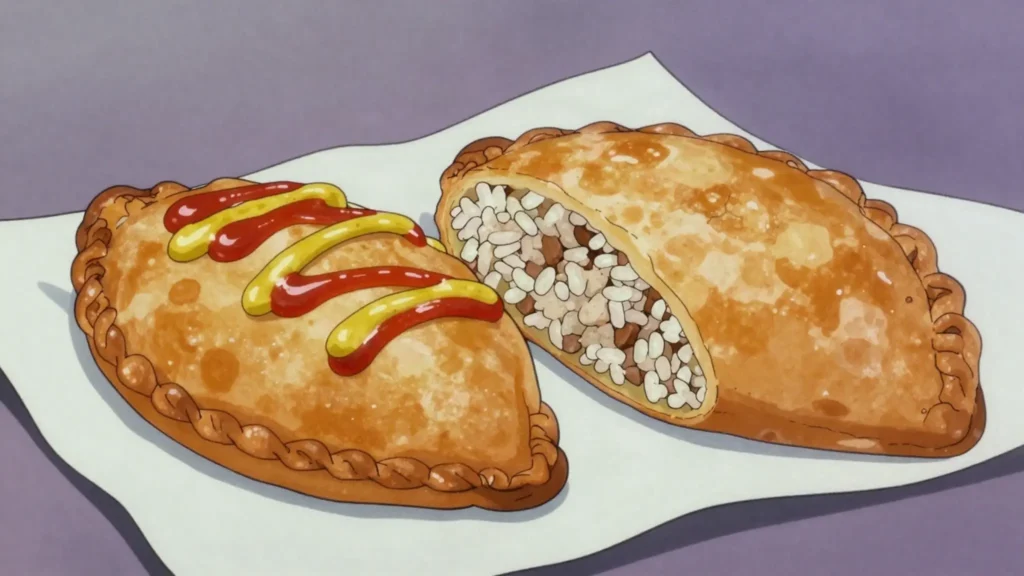 Lihapiirakka, deep-fried rice and minced meat pasty, dressed with mustard and sausage, Finland street food, anime style