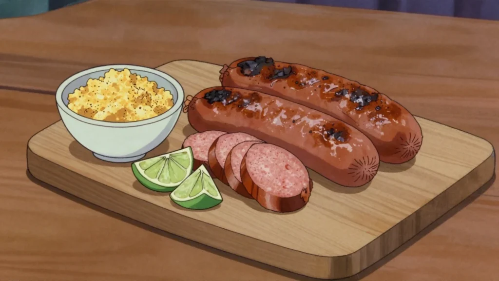 Linguiça, coarse pork sausage, fresh or smoked, grilled at every churrasco, Brazil charcuterie & cured, anime style