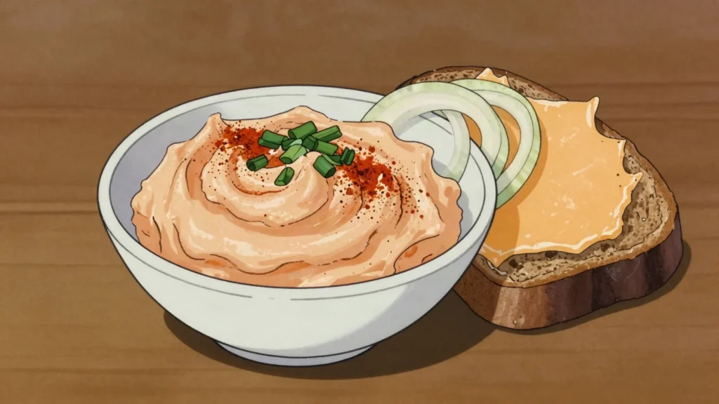Liptauer, paprika-curd cheese spread for bread at Heurigen taverns, Austria cheese & dairy, anime style