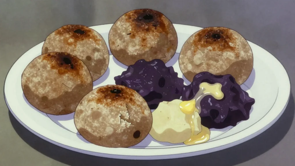 Litti Chokha, wheat balls stuffed with roasted gram flour, baked in embers, with mashed vegetables, India main, anime style