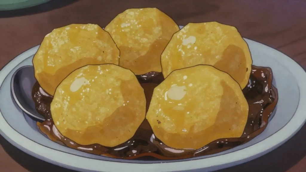 Lituma, ripe plantain mashed and rolled into balls, eaten with meat or fish sauce, DR Congo main, anime style