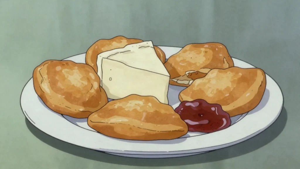 Llokuma, puffy fried dough eaten with honey, cheese or jam, Kosovo bread & pastry, anime style