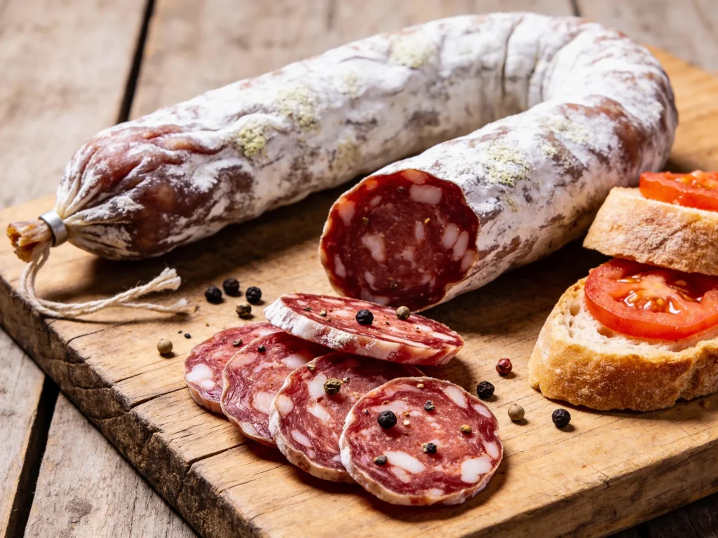 Llonganissa, long, thin dry-cured pork sausage heavy with black pepper, Andorra charcuterie & cured, anime style