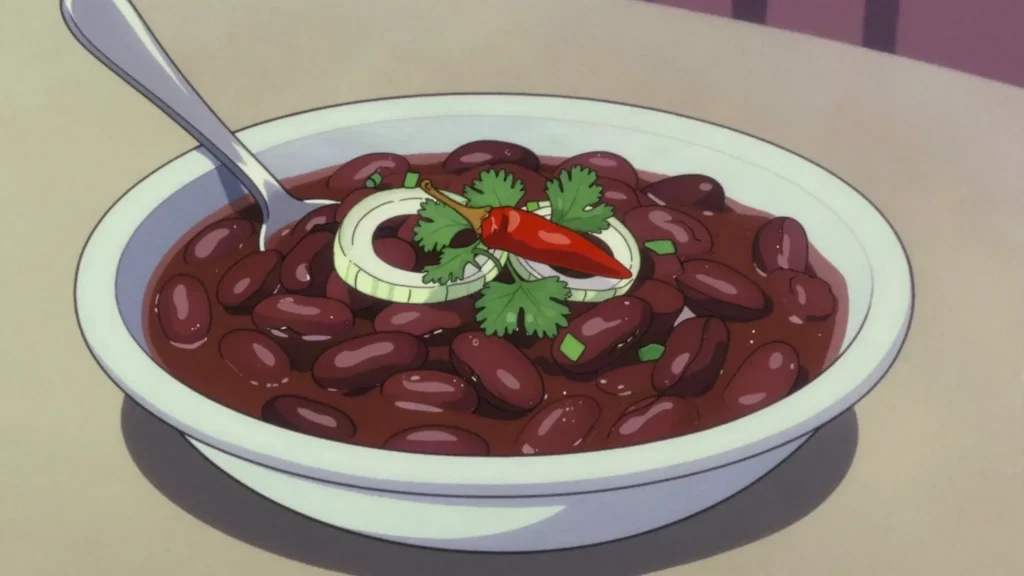 Lobio, kidney beans stewed with herbs and spices, served in clay pot, Georgia soup & stew, anime style