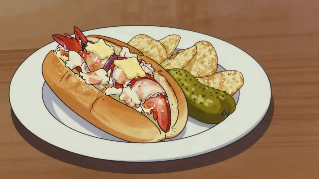 Lobster roll, split-top bun filled with lobster meat, buttered warm or bound with, United States street food, anime style