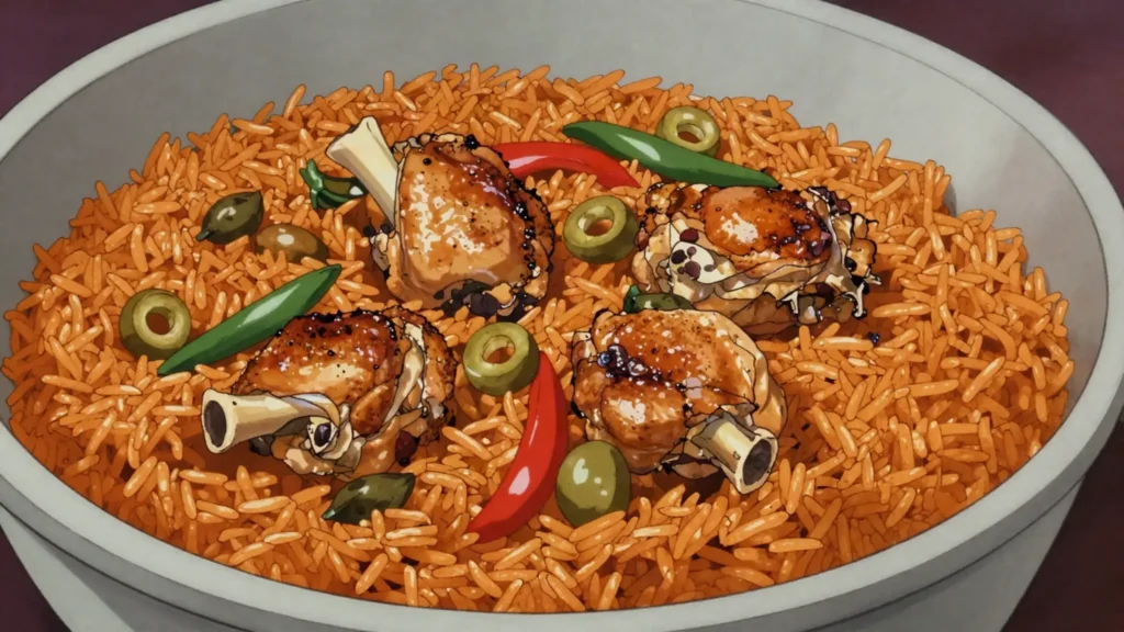 Locrio de pollo, one-pot seasoned rice and chicken, Dominican 'paella', Dominican Republic main, anime style