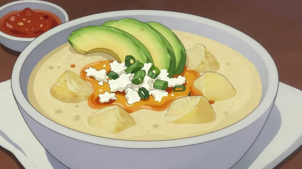 Locro de papa, creamy potato-cheese soup crowned with avocado, Ecuador soup & stew, anime style