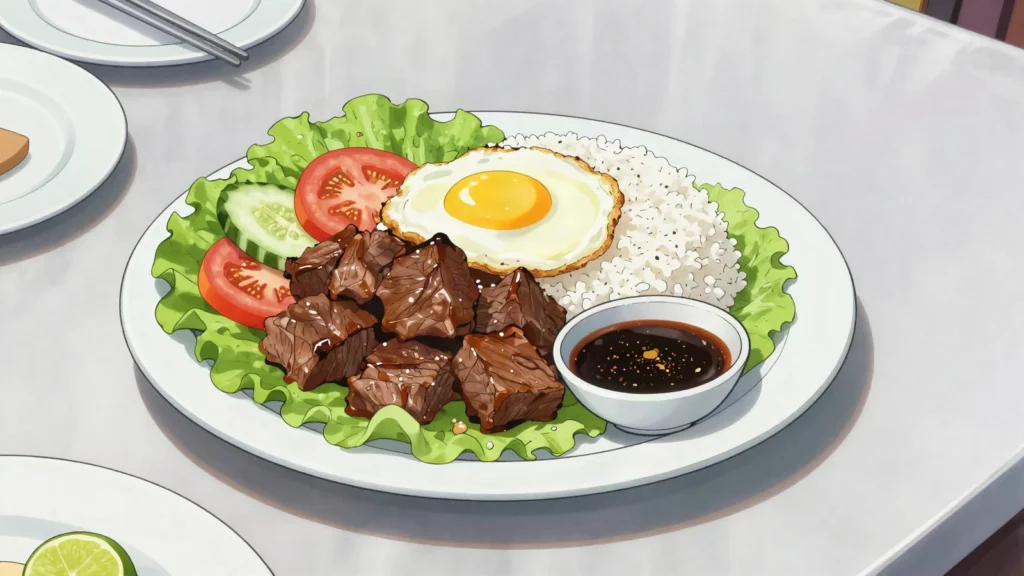 Lok Lak, stir-fried cubed beef with lime-pepper dip, egg and rice, Cambodia main, anime style