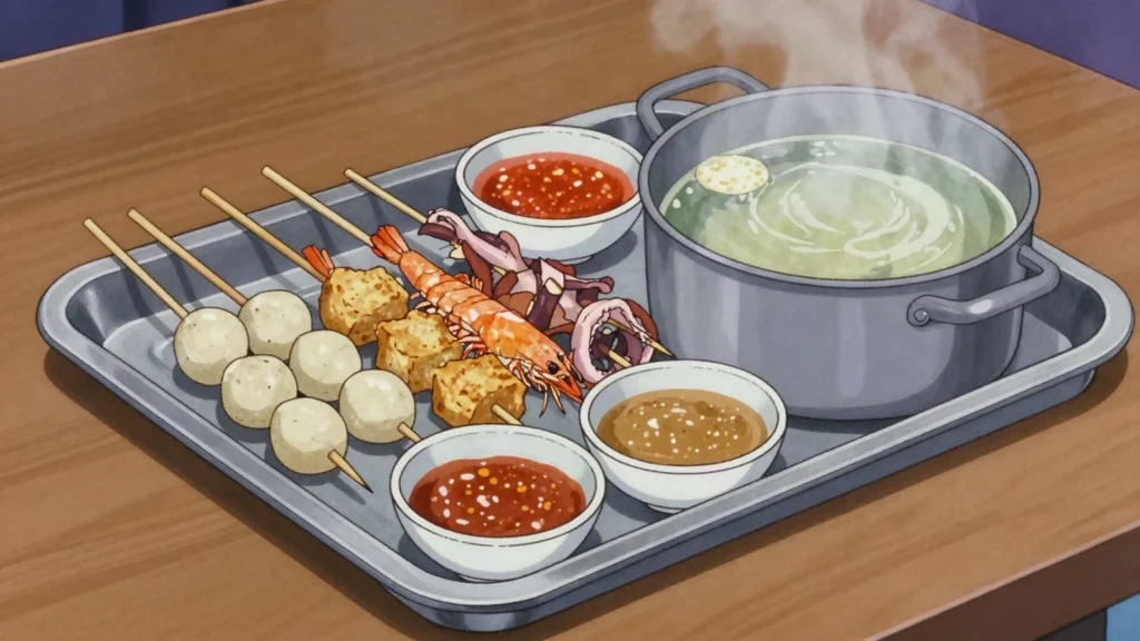 Lok Lok, skewers of meat, seafood and vegetables dunked in shared boiling pots roadside, Malaysia street food, anime style