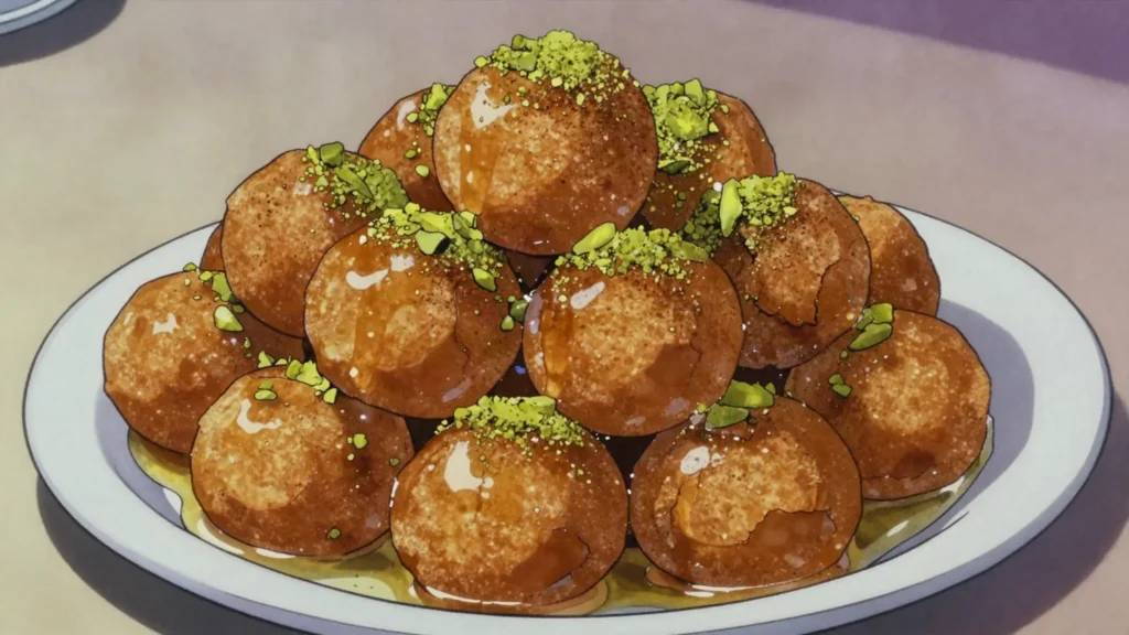 Lokmet el qadi, small doughnut balls fried crisp and drowned in sugar syrup, Egypt dessert, anime style