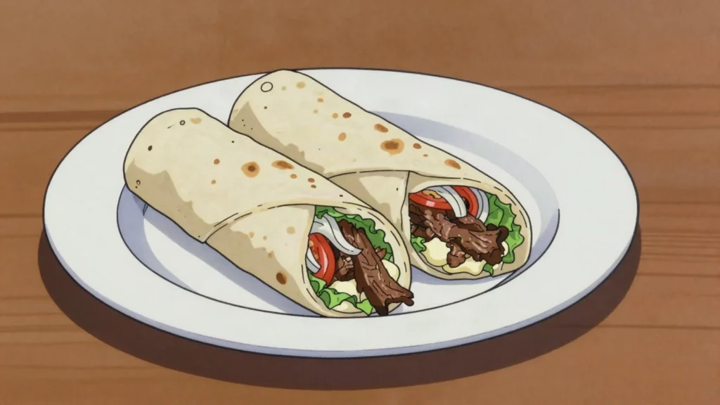 Lomito árabe, grilled beef, onion and salad rolled in flatbread with sauces, Paraguay street food, anime style