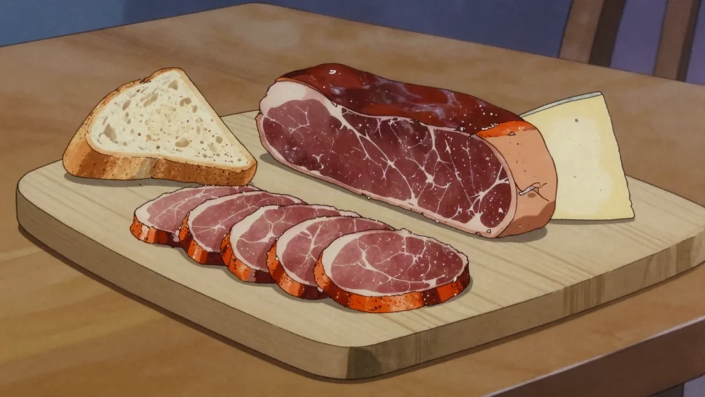 Lomo embuchado, whole pork loin cured with paprika and garlic, stuffed into casing, Spain charcuterie & cured, anime style