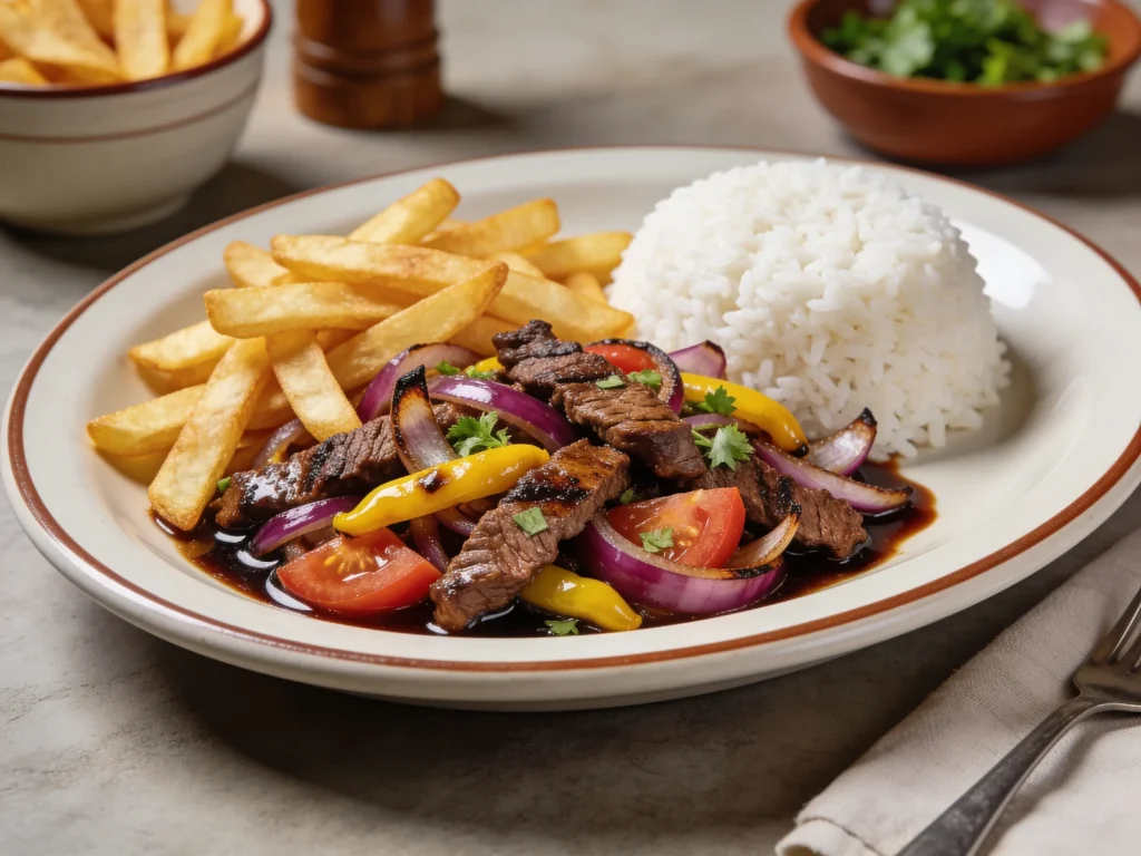 Lomo saltado, wok-seared beef, onions and tomatoes over fries and rice, Peru main, anime style