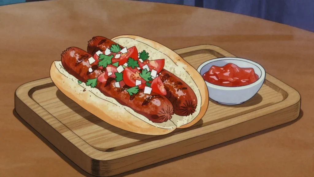Longaniza de Chillán, garlicky pork sausage from Chillan, grilled or served in a roll, Chile charcuterie & cured, anime style