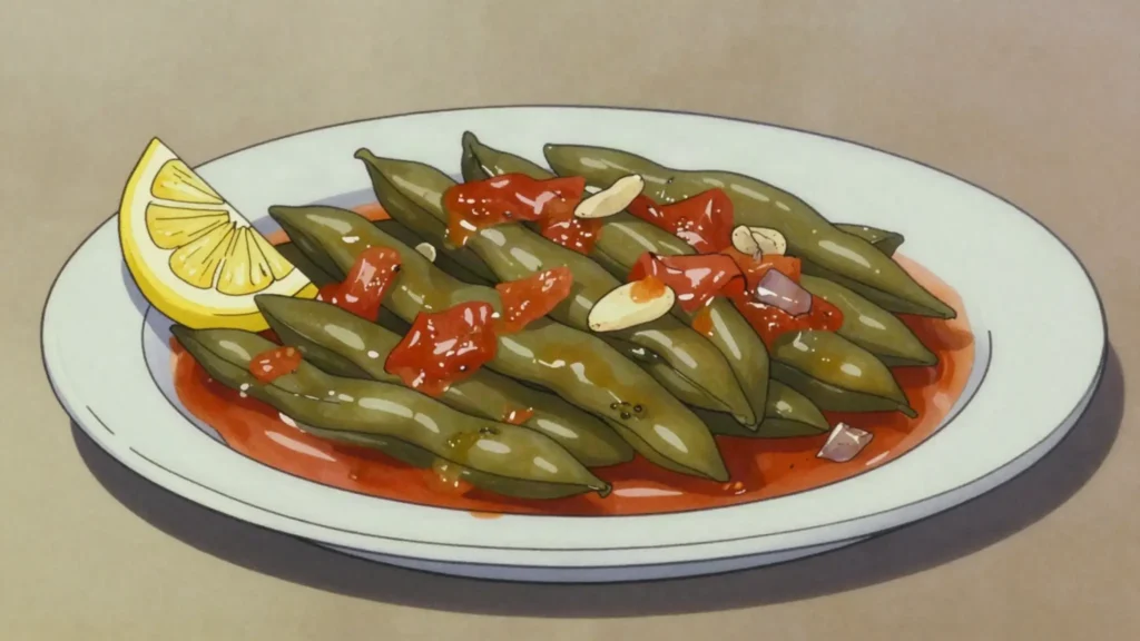 Loubieh bzeit, green beans braised soft in olive oil, tomato and garlic, eaten cold, Lebanon salad & side, anime style