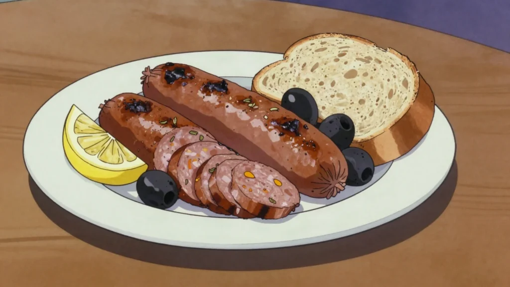 Loukaniko, pork sausage flavoured with orange peel, fennel and leek, Greece charcuterie & cured, anime style