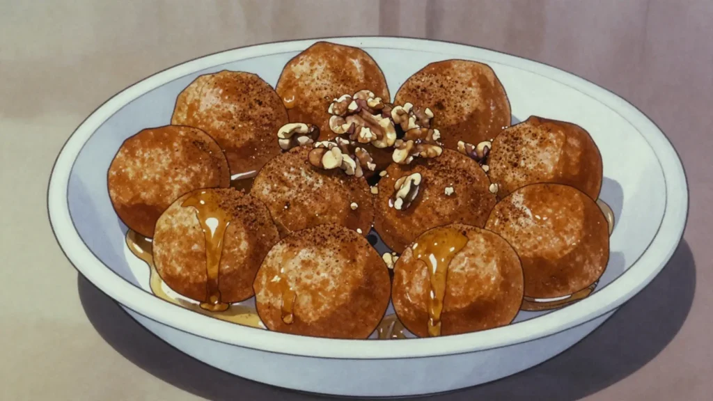 Loukoumades, honey-soaked doughnut balls with cinnamon, walnuts, Greece dessert, anime style
