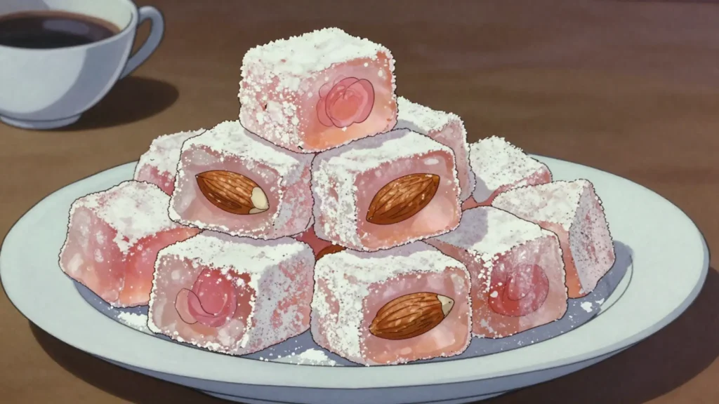 Loukoumi, rosewater Cyprus delight from Geroskipou, Cyprus dessert, anime style