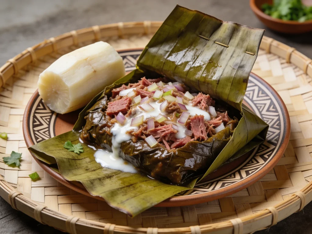 Lū Pulu, corned beef and coconut cream baked in taro-leaf parcels underground, Tonga main, anime style