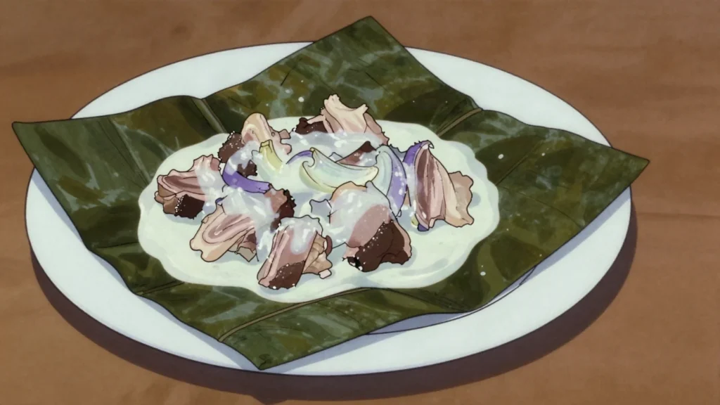 Lu Sipi, fatty mutton flap baked with onion and coconut cream inside taro leaves, Tonga main, anime style