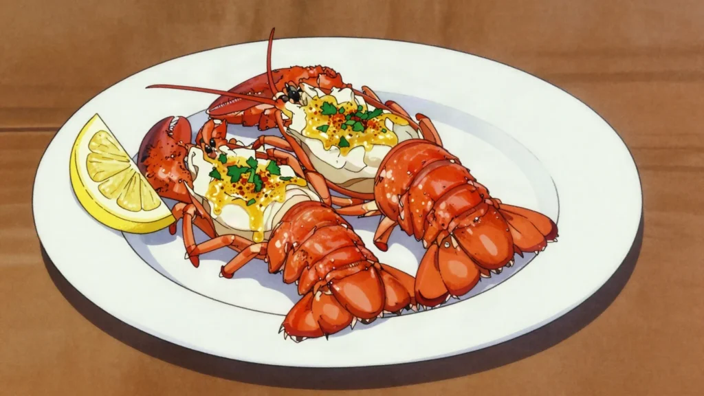 Lüderitz rock lobster, cold-water crayfish grilled with garlic butter on the southern coast, Namibia main, anime style