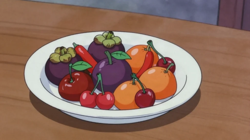 Luk Chup, mung bean paste modelled into tiny fruits, painted and dipped in clear jelly, Thailand dessert, anime style