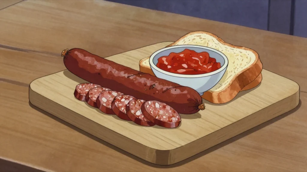 Lukanka, flattened, air-dried pork-and-beef sausage with cumin and pepper, Bulgaria charcuterie & cured, anime style