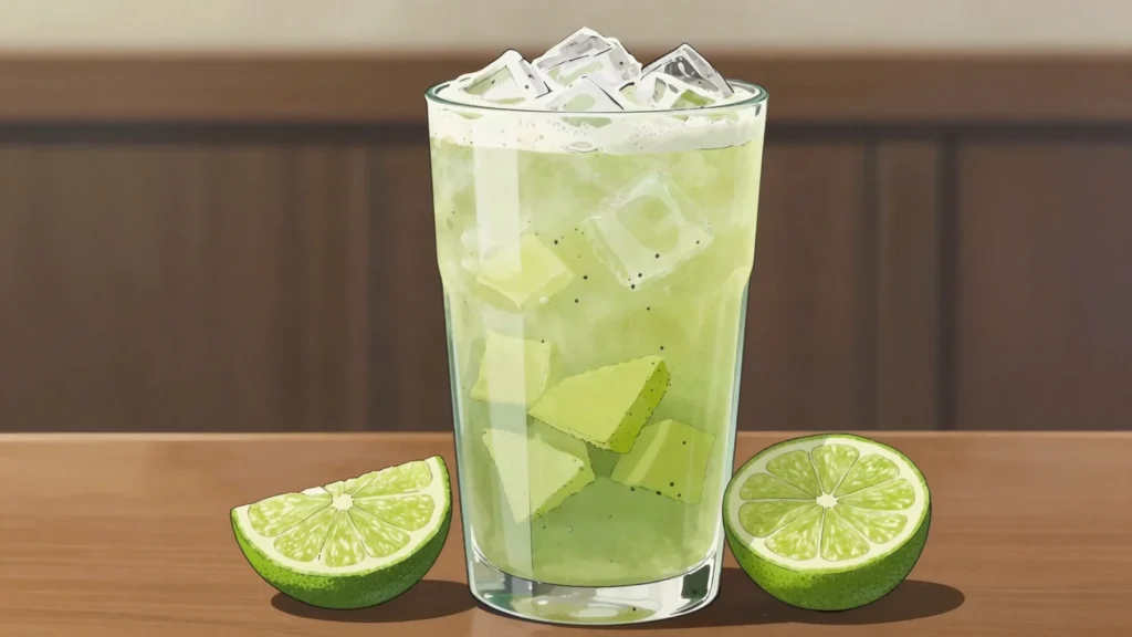 Lulada, cali cooler of hand-crushed lulo fruit, lime and ice, Colombia drink, anime style