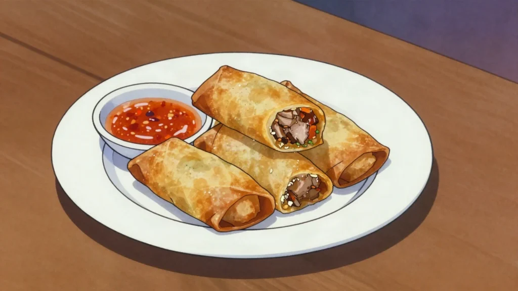 Lumpia, fried or fresh spring rolls; Shanghai style stuffed with pork, Philippines snack, anime style