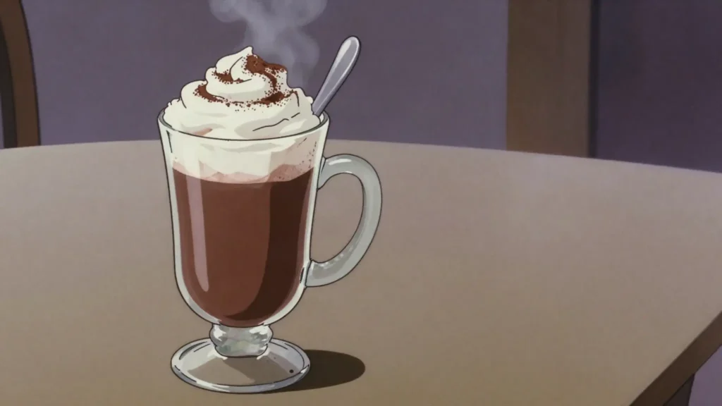 Lumumba, hot chocolate laced with brown rum and topped with cream, Germany cocktail, anime style