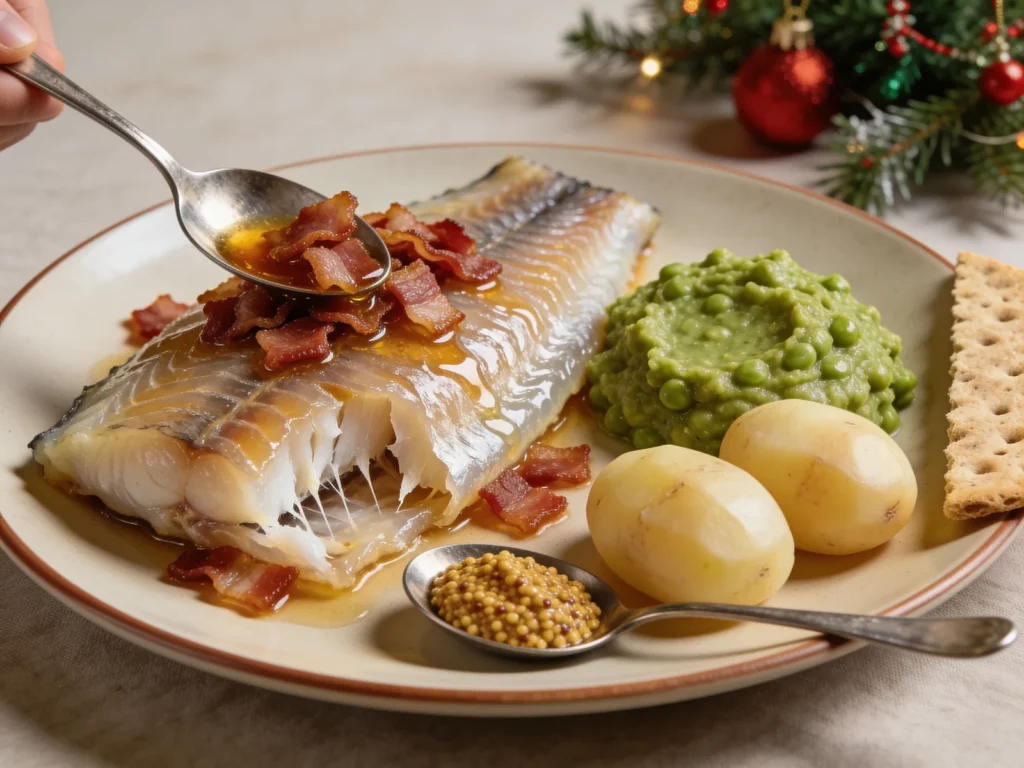 Lutefisk, lye-treated dried cod, translucent, with bacon and peas; Christmas, Norway main, anime style