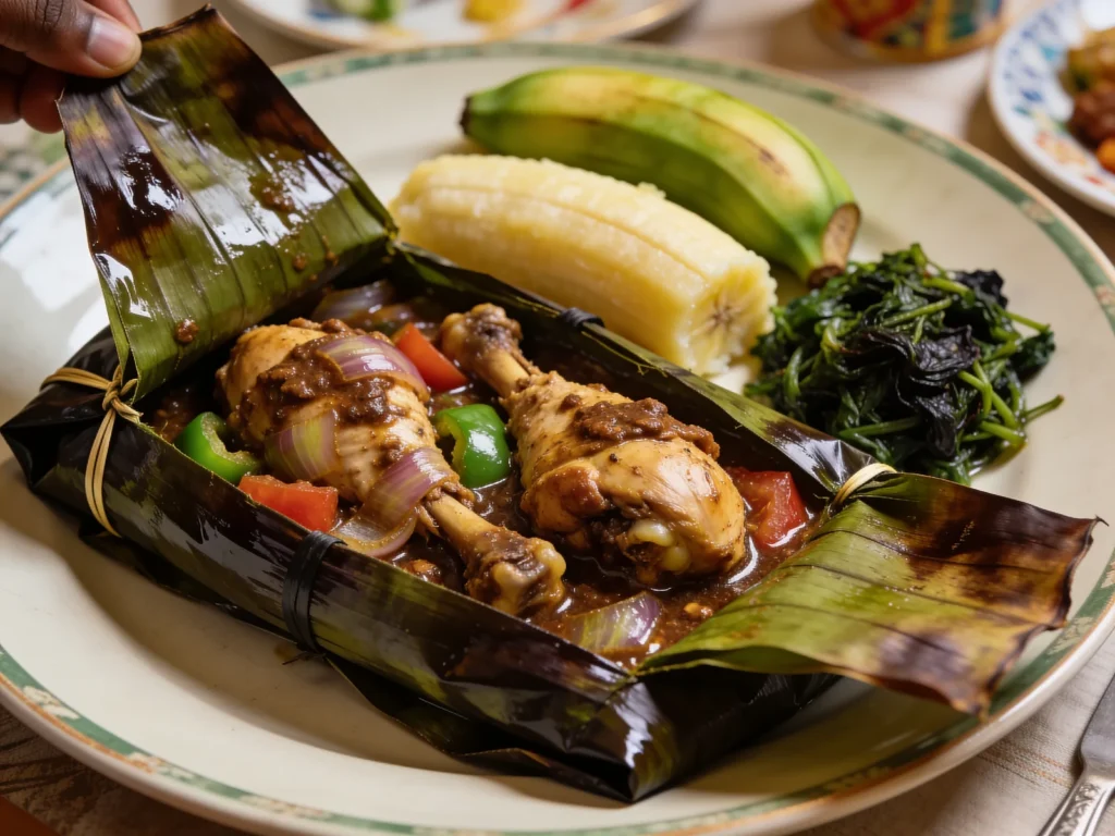 Luwombo, chicken, beef or groundnuts steamed in banana leaves; royal Buganda dish, Uganda main, anime style