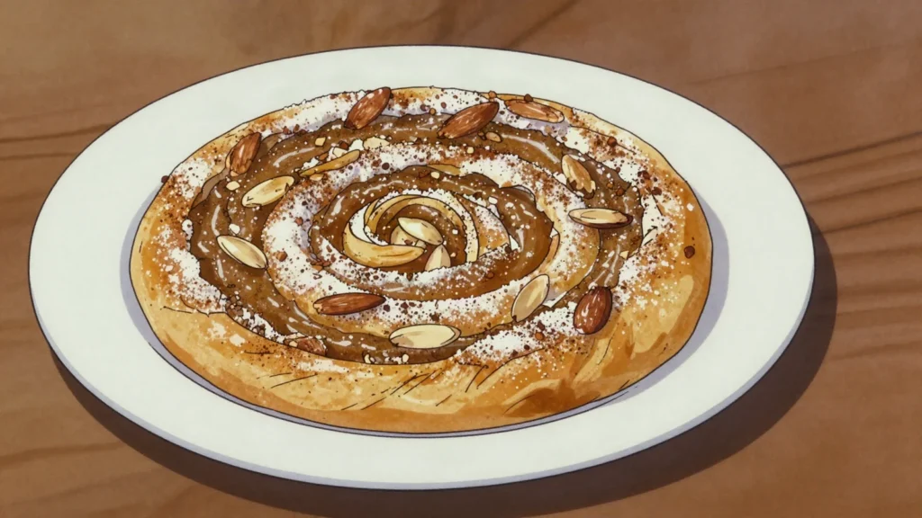M'hancha, coiled snake of warqa pastry filled with almond paste and orange-flower water, Morocco dessert, anime style
