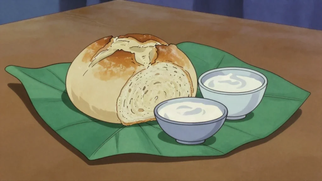 Ma, breadfruit or banana fermented in a pit; sour paste baked with coconut cream, Tonga fermented & pickled, anime style
