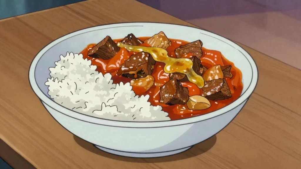 Maafe, mandinka peanut-butter stew of meat, tomato and vegetables over rice, Mali soup & stew, anime style