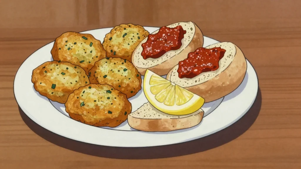 Maakouda, crisp fried potato patties stuffed into bread with harissa, Morocco street food, anime style