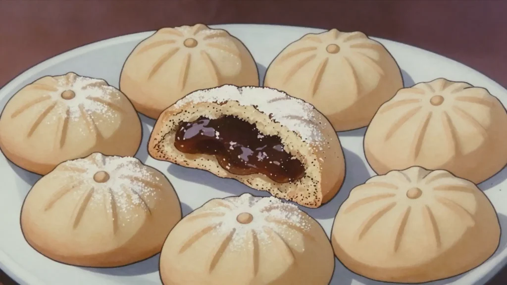Maamoul, buttery semolina cookies pressed in wooden moulds around date, walnut or pistachio, Jordan dessert, anime style