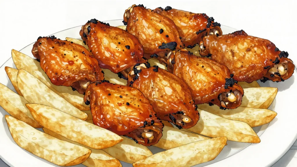 Mabawa, marinated chicken wings grilled over charcoal, sold with cassava chips, Comoros street food, anime style