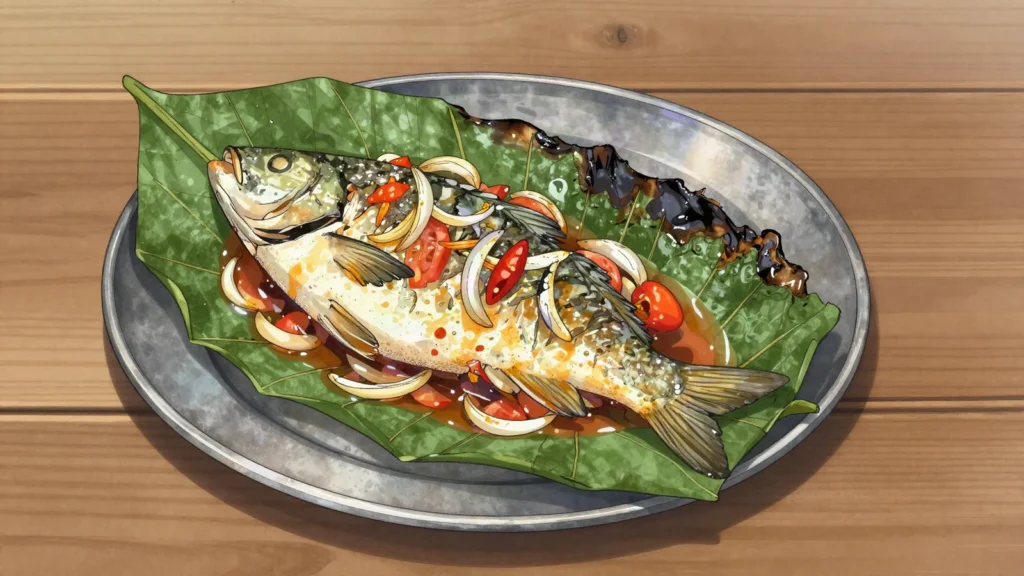 Maboké, freshwater fish seasoned and steamed in large leaf parcels, Republic of the Congo main, anime style