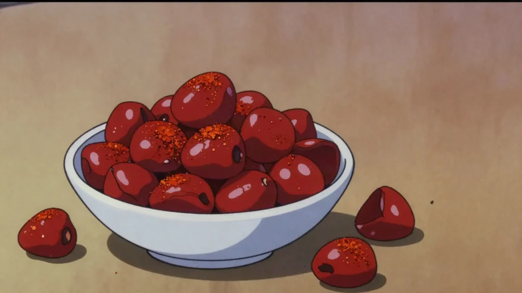 Mabuyu, baobab seeds coated in sugar syrup dyed red and spiced with chilli, Kenya snack, anime style