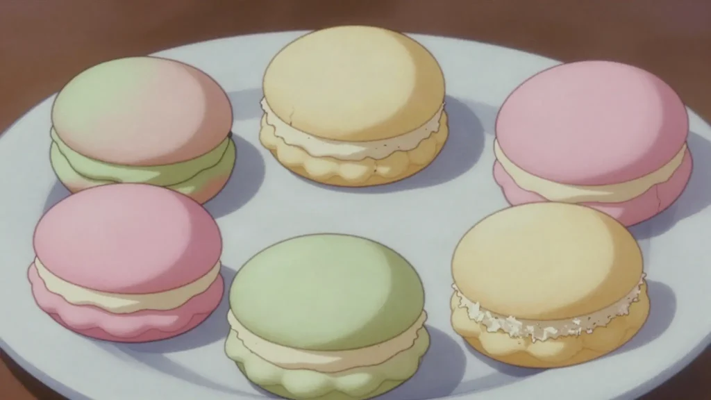 Macaron, almond meringue shells sandwiching ganache in pastel flavours, France dessert, anime style