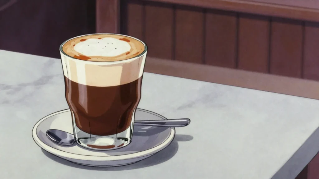 Macchiato, small espresso stained with steamed milk, sipped in Asmara cafés, Eritrea drink, anime style
